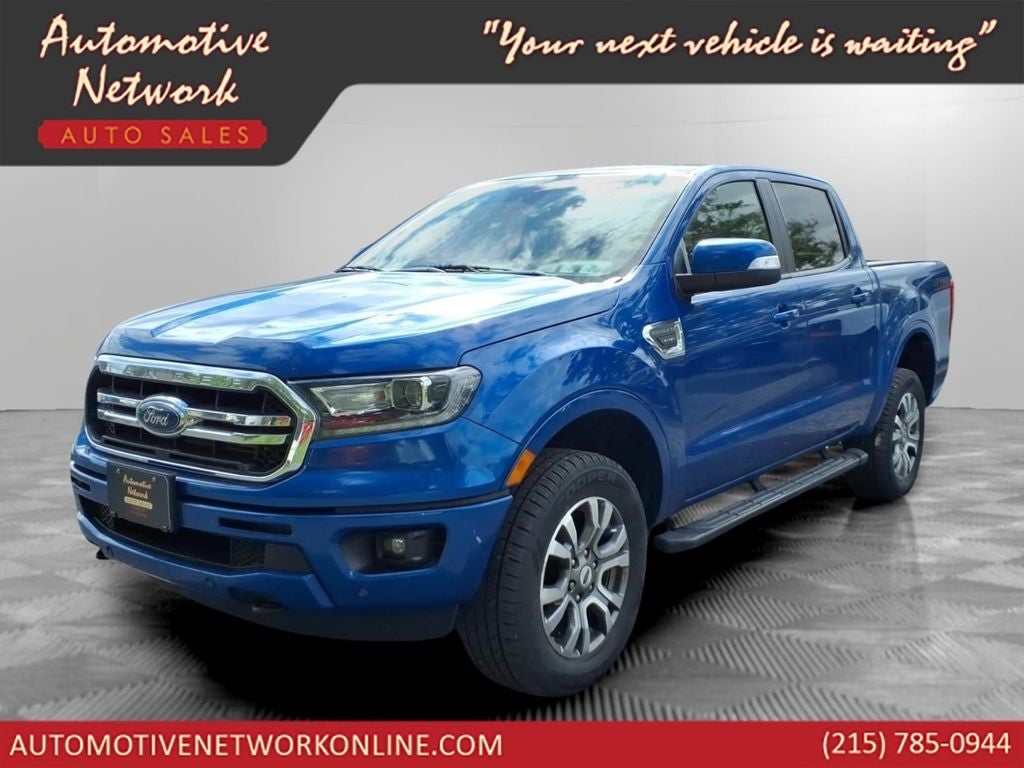 2019 Ford Ranger Lariat in Lightning Blue Metallic — front three-quarter view