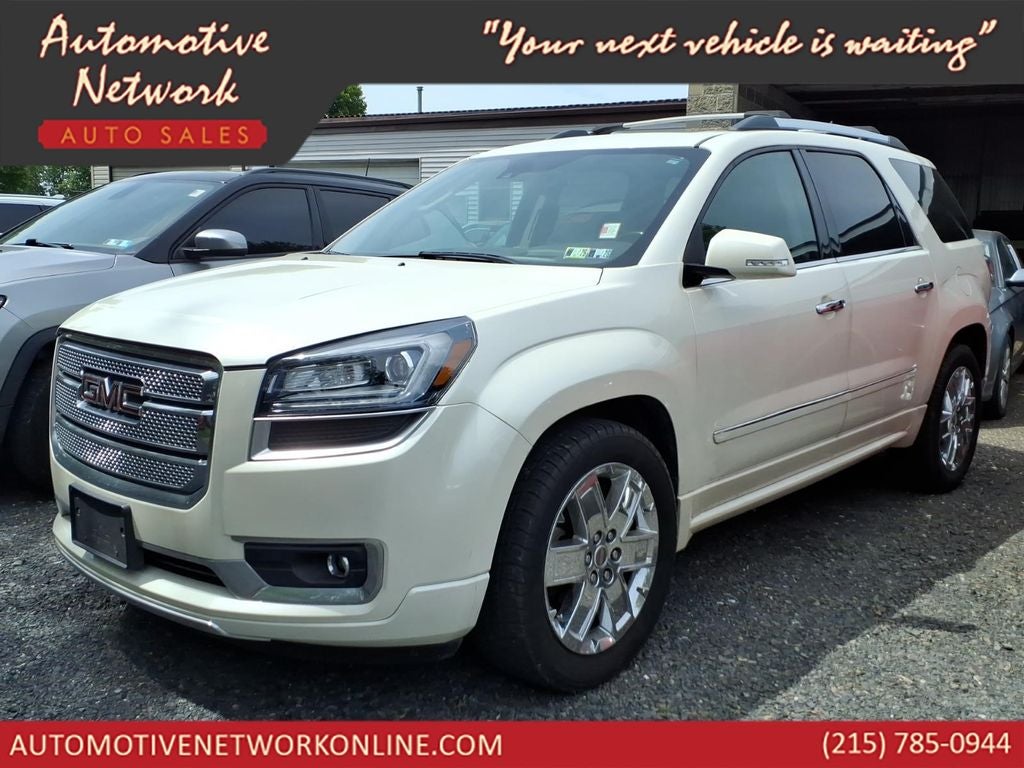 2014 GMC Acadia Denali in White Diamond Clearcoat — front three-quarter view