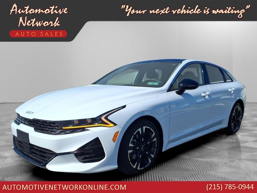 2022 Kia K5 GT-Line in Glacial White Pearl — front three-quarter view